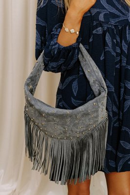 Boho Feels Faux Suede Fringe Purse in Slate
