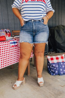 Risen Maeve High Waist Frayed Shorts in Medium Wash Curves